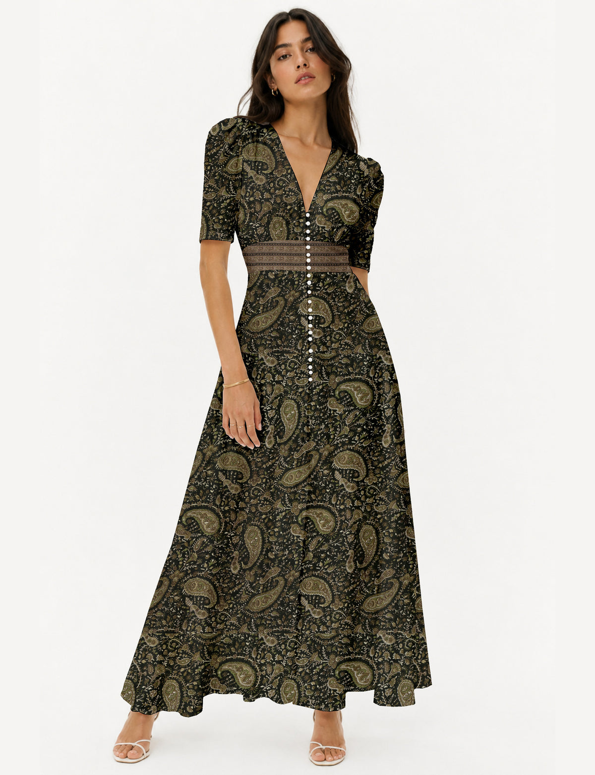 Maxi romantic dress - Green Paisley