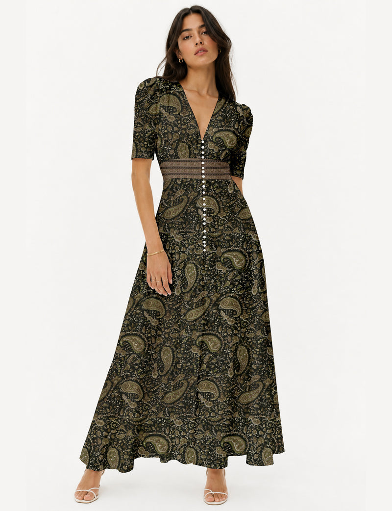 Maxi romantic dress - Green Paisley