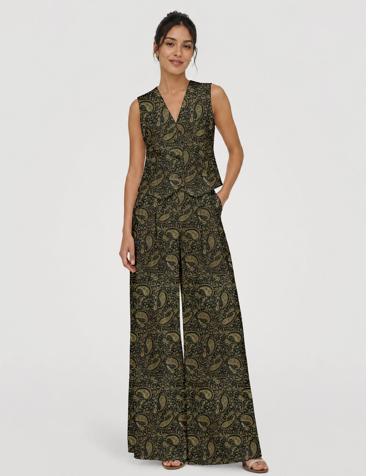 Women's tailored waistcoat set with a sleeveless V-neck button-front waistcoat and high-rise wide leg trousers in a coordinated matching outfit.