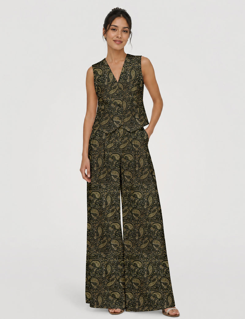 Women's tailored waistcoat set with a sleeveless V-neck button-front waistcoat and high-rise wide leg trousers in a coordinated matching outfit.