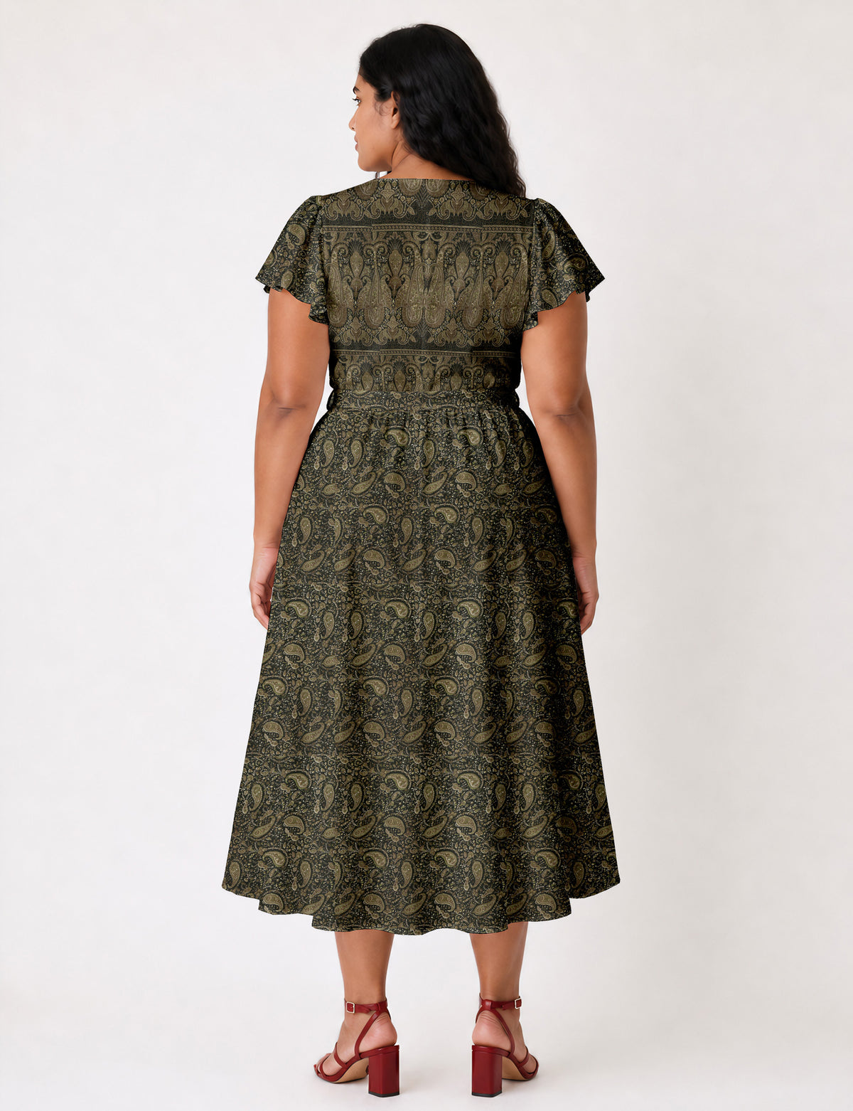 Elegant midi wrap dress with a V-neckline, adjustable waist tie, fitted bodice, and flared skirt for a timeless, flattering silhouette.