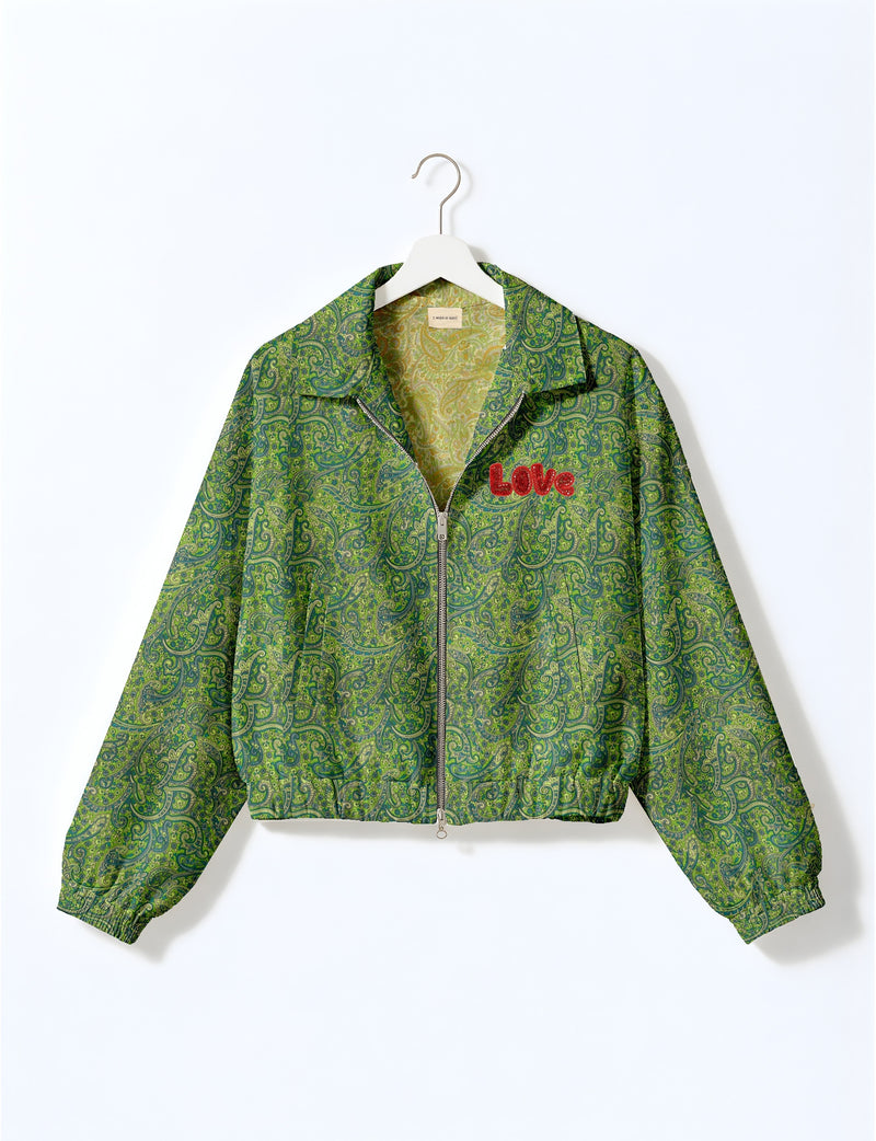 Love Bomber Jacket made from recycled fabric, featuring hand-stitched Aari embroidery. A unique piece of zero-waste clothing, part of the circular fashion movement. Designed with upcycled materials for a stylish yet environmentally friendly clothing choice.