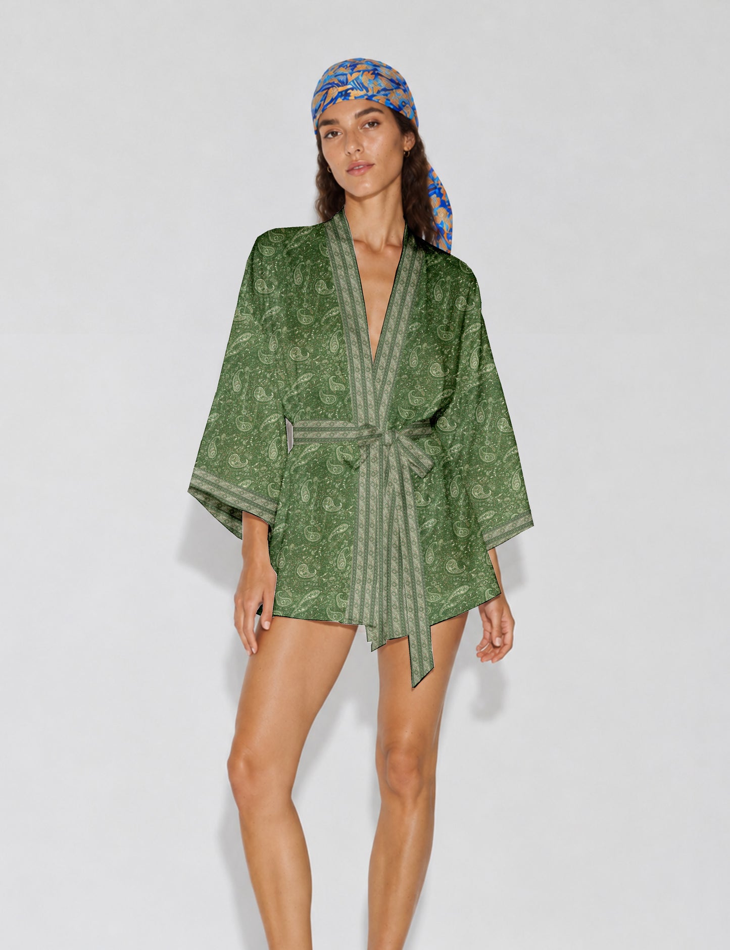 Short kimono robe - Green Paisley