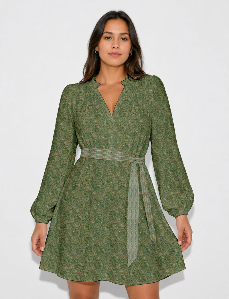 Swing dress with belt - Yellow Floral - Green Paisley