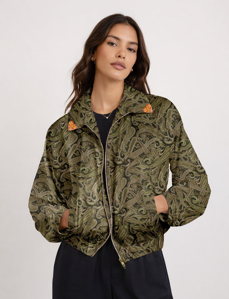 Love Bomber Jacket made from recycled fabric, featuring hand-stitched Aari embroidery. A unique piece of zero-waste clothing, part of the circular fashion movement. Designed with upcycled materials for a stylish yet environmentally friendly clothing choice.