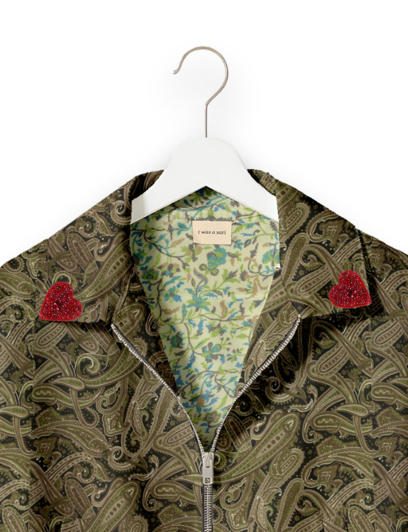 Love Bomber Jacket made from recycled fabric, featuring hand-stitched Aari embroidery. A unique piece of zero-waste clothing, part of the circular fashion movement. Designed with upcycled materials for a stylish yet environmentally friendly clothing choice.