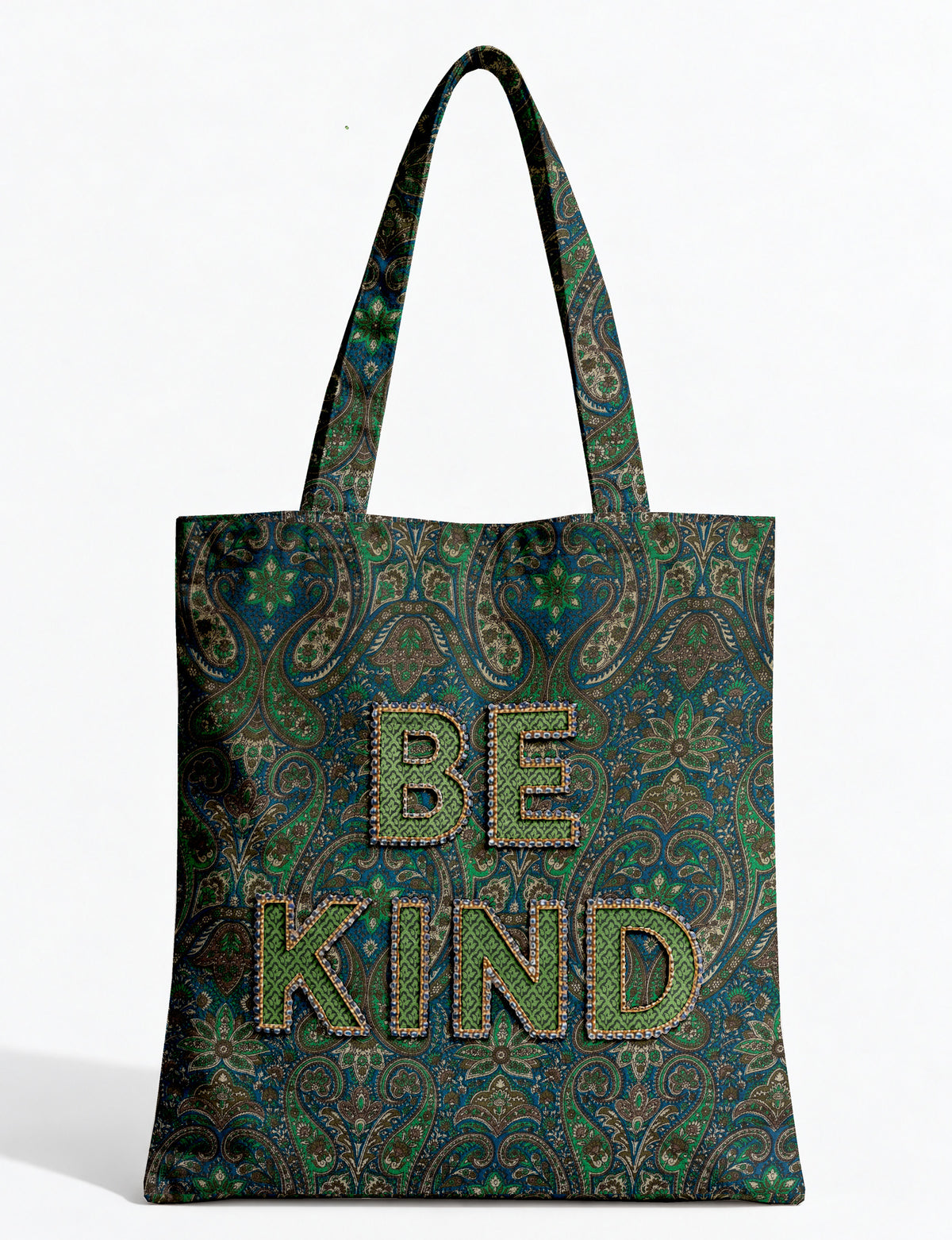Be Kind tote bag with contrast sari fabric appliqué lettering, double shoulder straps, and front slip pocket.