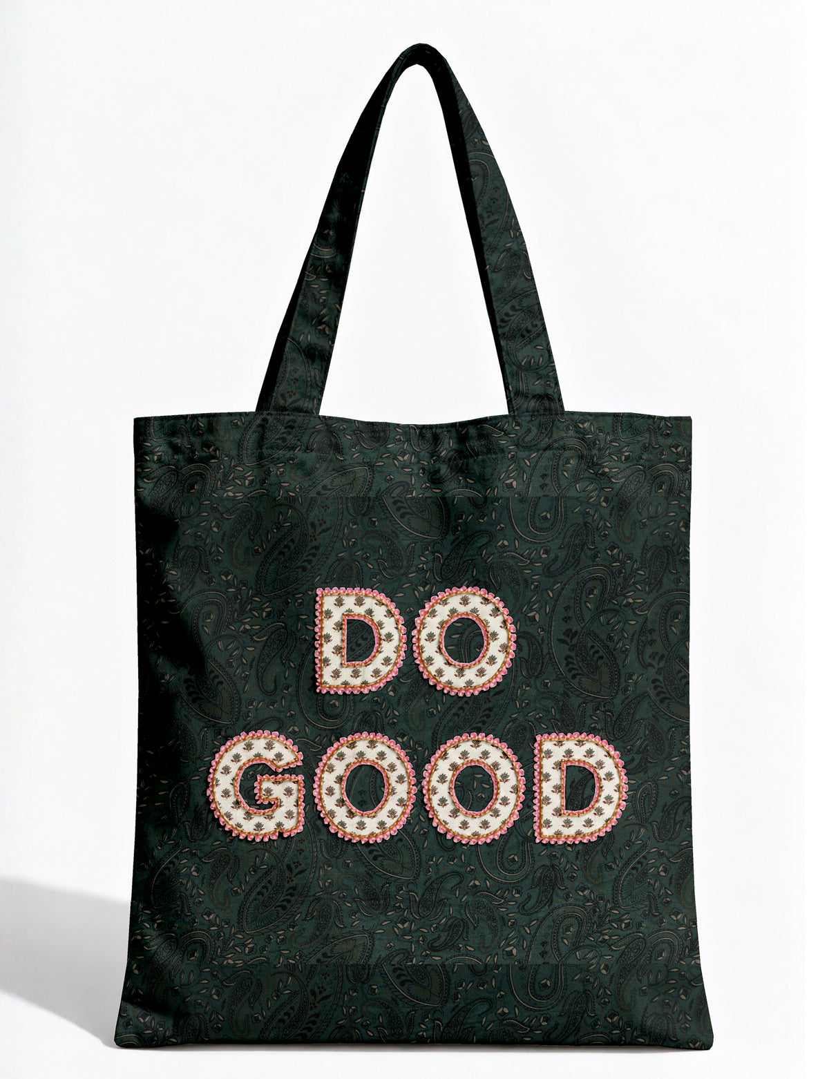 DO GOOD tote bag featuring contrasting sari fabric appliqué lettering, double shoulder straps, soft construction and an internal slip pocket with piping detail.