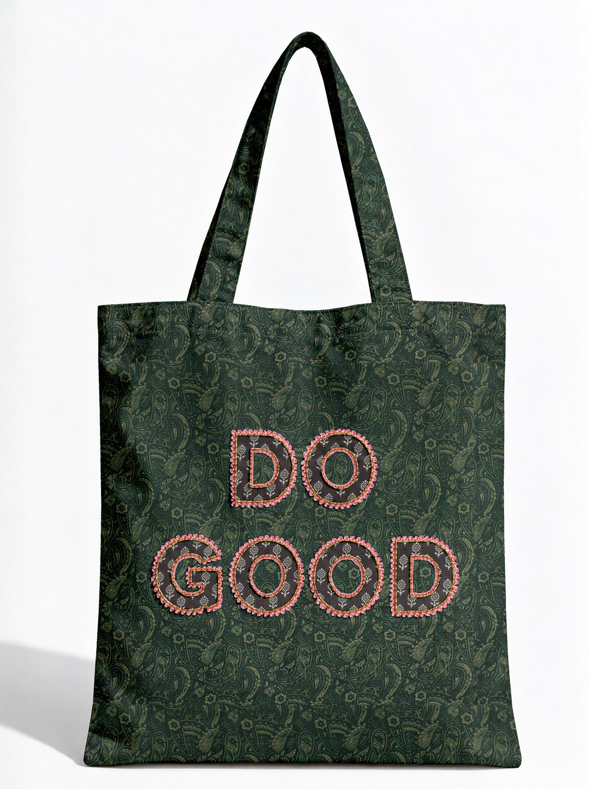 DO GOOD tote bag featuring contrasting sari fabric appliqué lettering, double shoulder straps, soft construction and an internal slip pocket with piping detail.