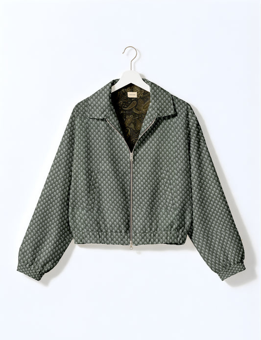 Women's cropped bomber jacket with twin metallic front zippers, welt pockets, elasticated hem and cuffs, and contrast sari print lining.