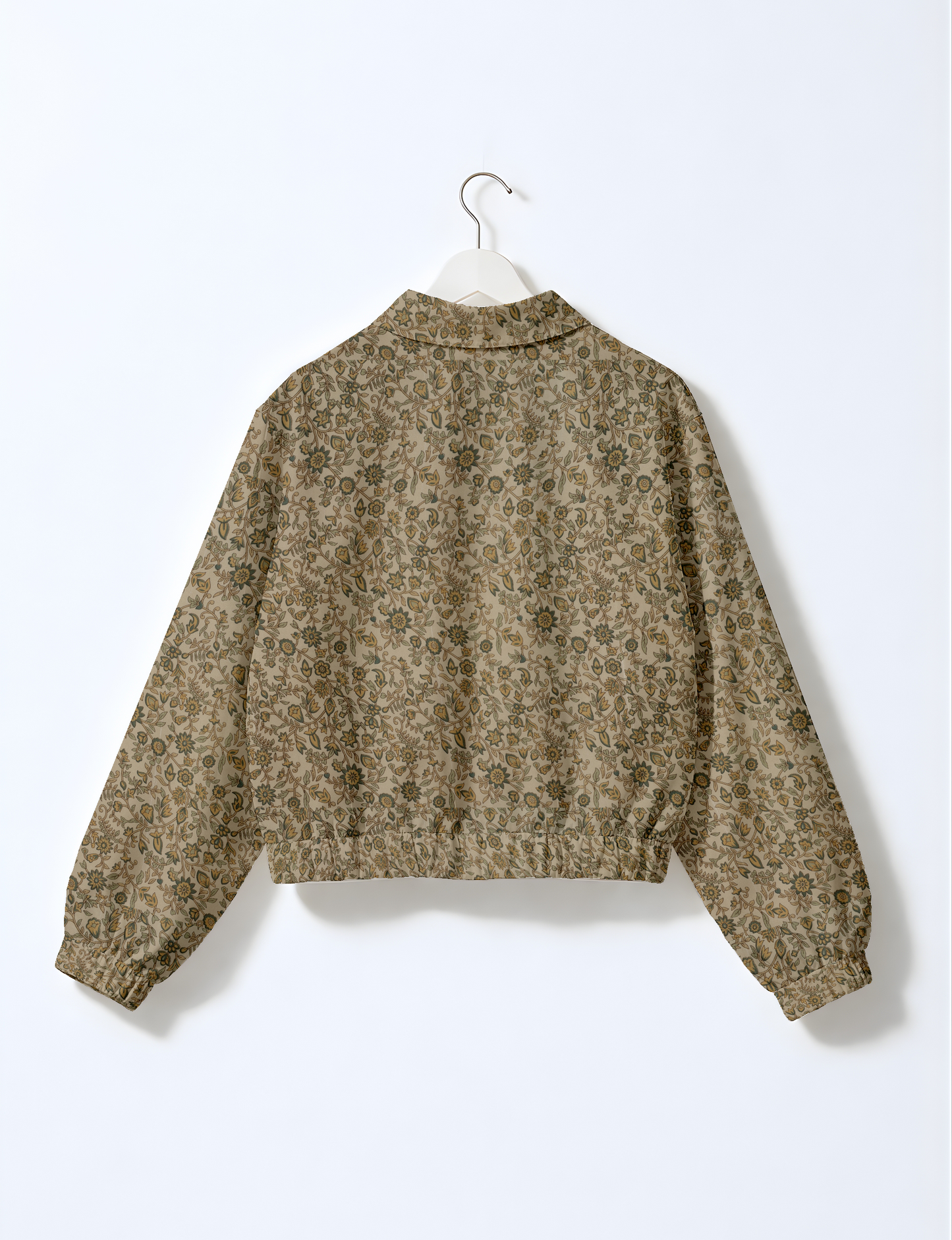 Love Bomber Jacket made from recycled fabric, featuring hand-stitched Aari embroidery. A unique piece of zero-waste clothing, part of the circular fashion movement. Designed with upcycled materials for a stylish yet environmentally friendly clothing choice.