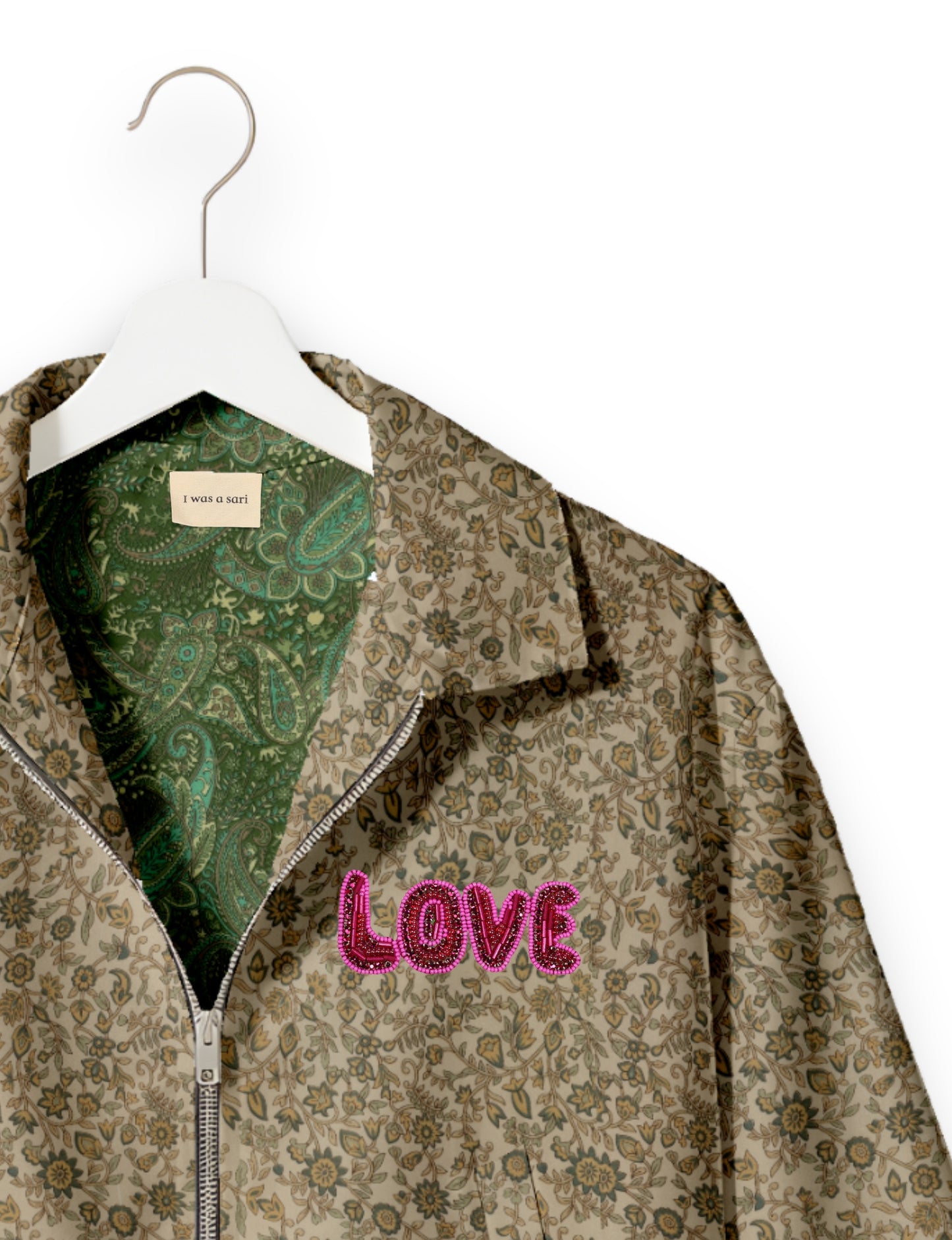 Love Bomber Jacket made from recycled fabric, featuring hand-stitched Aari embroidery. A unique piece of zero-waste clothing, part of the circular fashion movement. Designed with upcycled materials for a stylish yet environmentally friendly clothing choice.