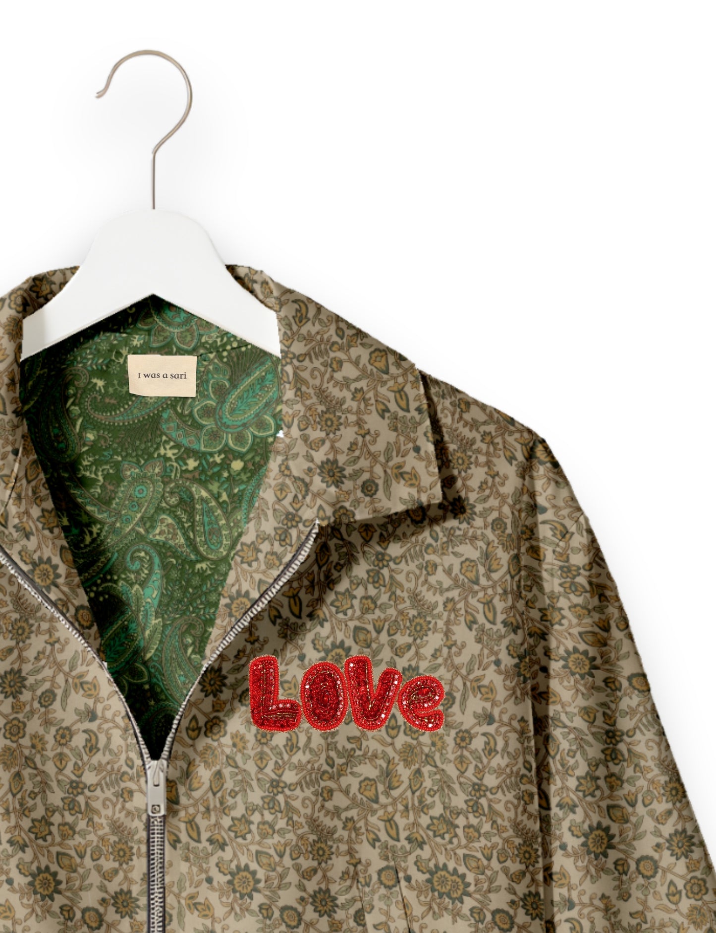 Love Bomber Jacket made from recycled fabric, featuring hand-stitched Aari embroidery. A unique piece of zero-waste clothing, part of the circular fashion movement. Designed with upcycled materials for a stylish yet environmentally friendly clothing choice.