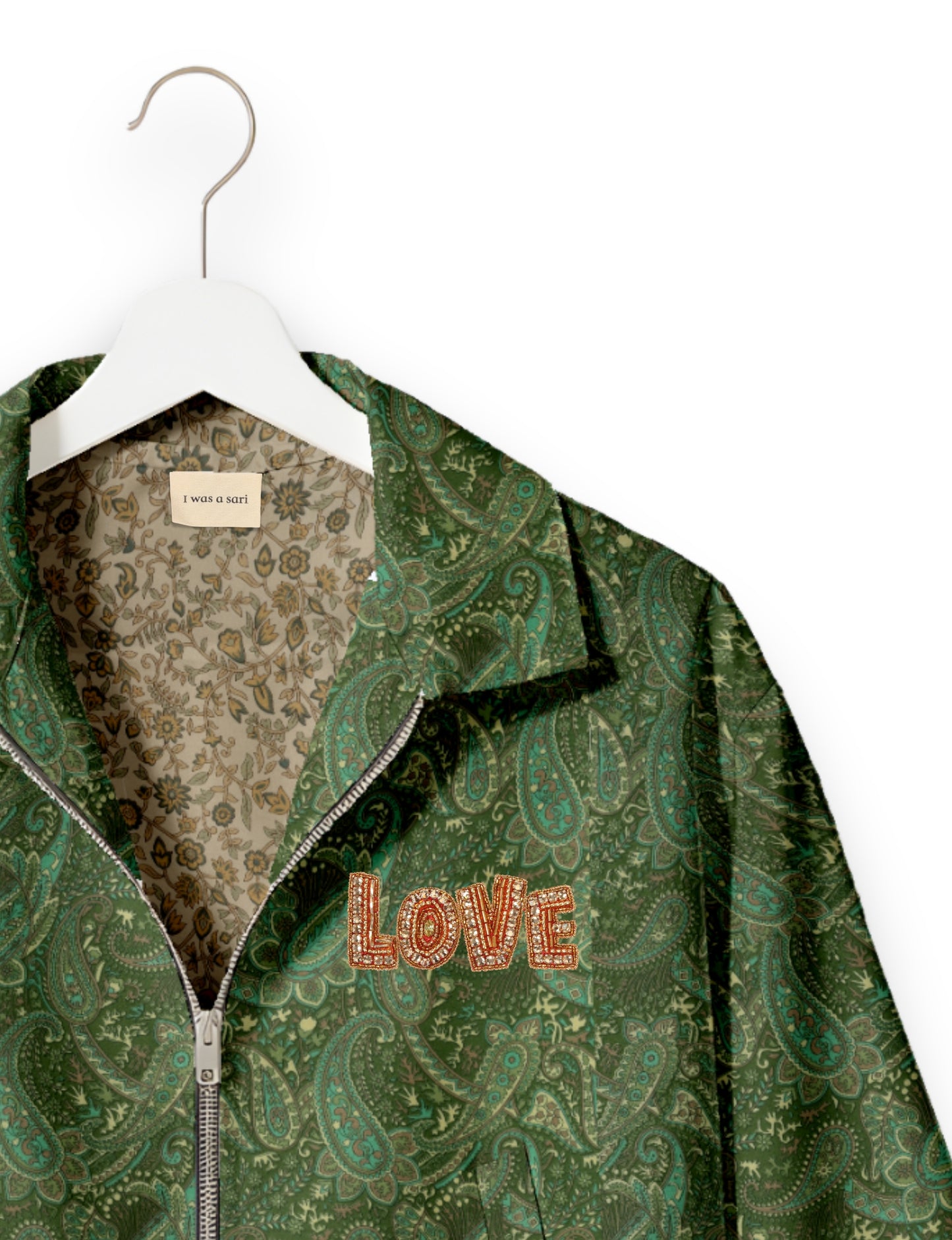 Love Bomber Jacket made from recycled fabric, featuring hand-stitched Aari embroidery. A unique piece of zero-waste clothing, part of the circular fashion movement. Designed with upcycled materials for a stylish yet environmentally friendly clothing choice.