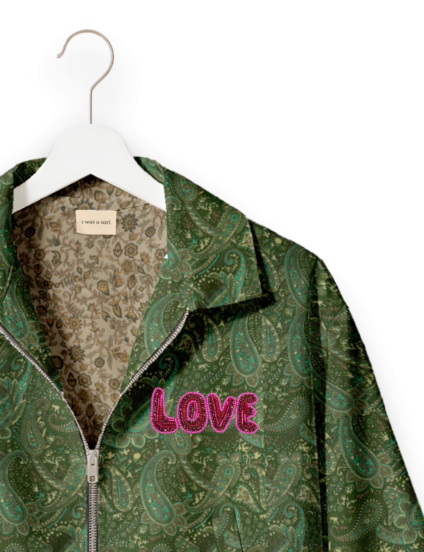 Love Bomber Jacket made from recycled fabric, featuring hand-stitched Aari embroidery. A unique piece of zero-waste clothing, part of the circular fashion movement. Designed with upcycled materials for a stylish yet environmentally friendly clothing choice.