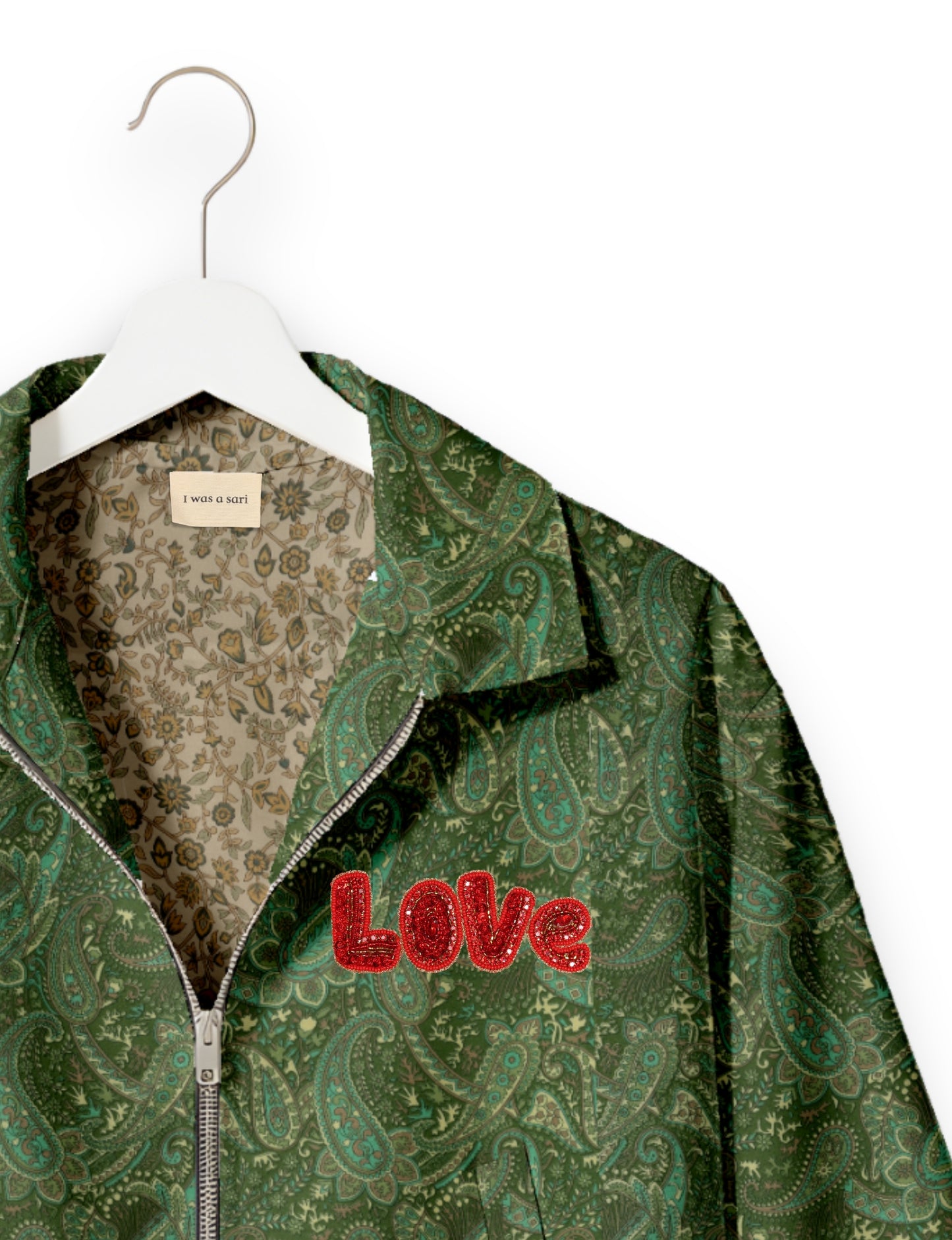 Love Bomber Jacket made from recycled fabric, featuring hand-stitched Aari embroidery. A unique piece of zero-waste clothing, part of the circular fashion movement. Designed with upcycled materials for a stylish yet environmentally friendly clothing choice.