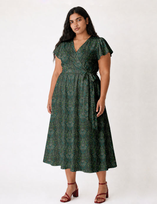 Elegant midi wrap dress with a V-neckline, adjustable waist tie, fitted bodice, and flared skirt for a timeless, flattering silhouette.