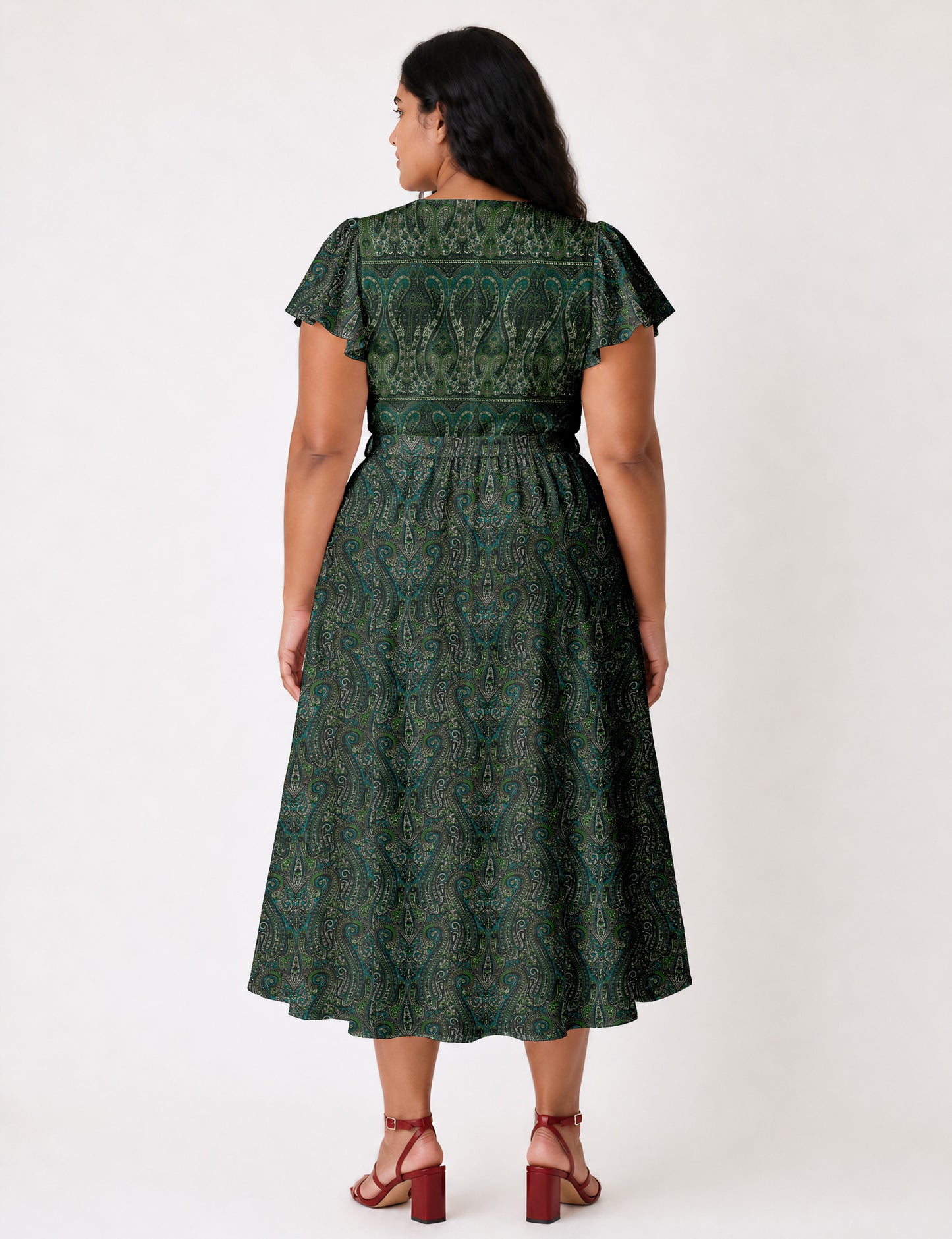 Elegant midi wrap dress with a V-neckline, adjustable waist tie, fitted bodice, and flared skirt for a timeless, flattering silhouette.