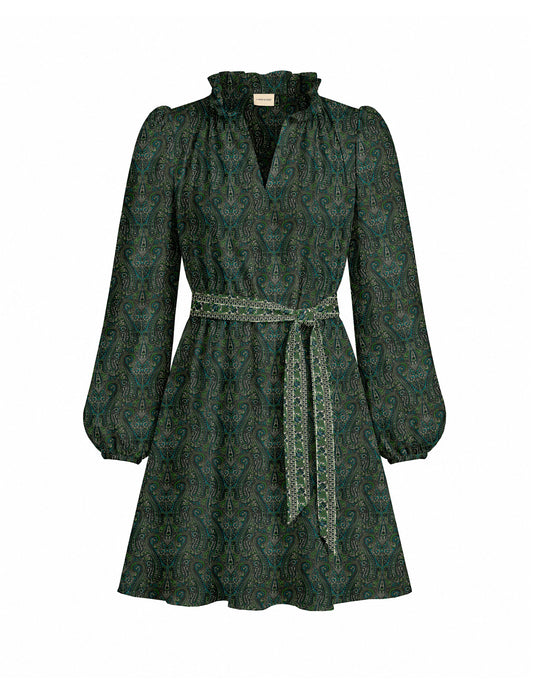 Swing dress with belt - Green Paisley