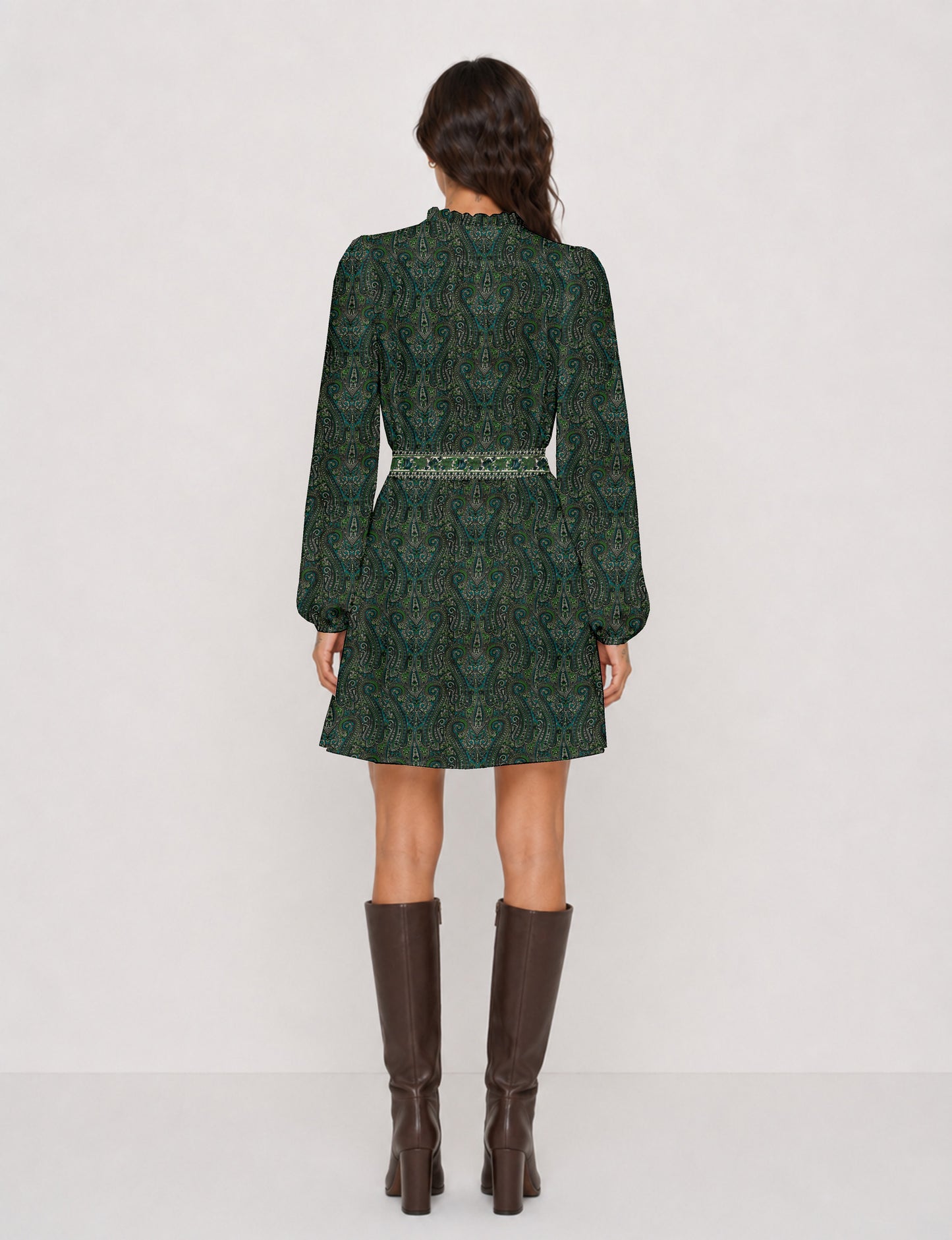 Swing dress with belt - Green Paisley