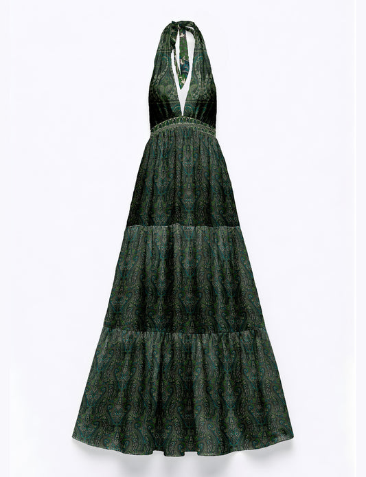 Maxi tiered dress by I was a Sari with halter neckline and flowy silhouette