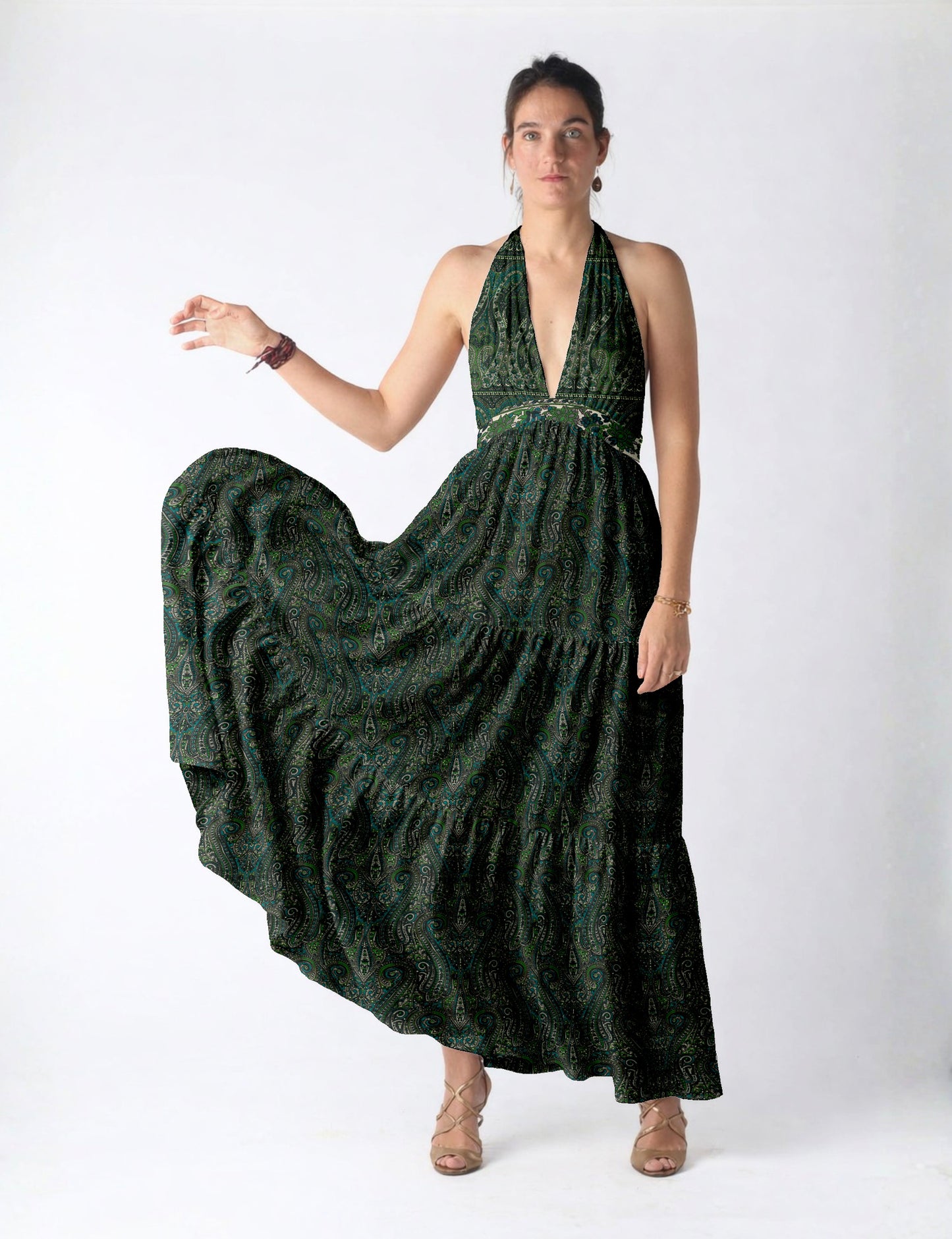 Halter neck maxi dress with tiered layers and elasticated back