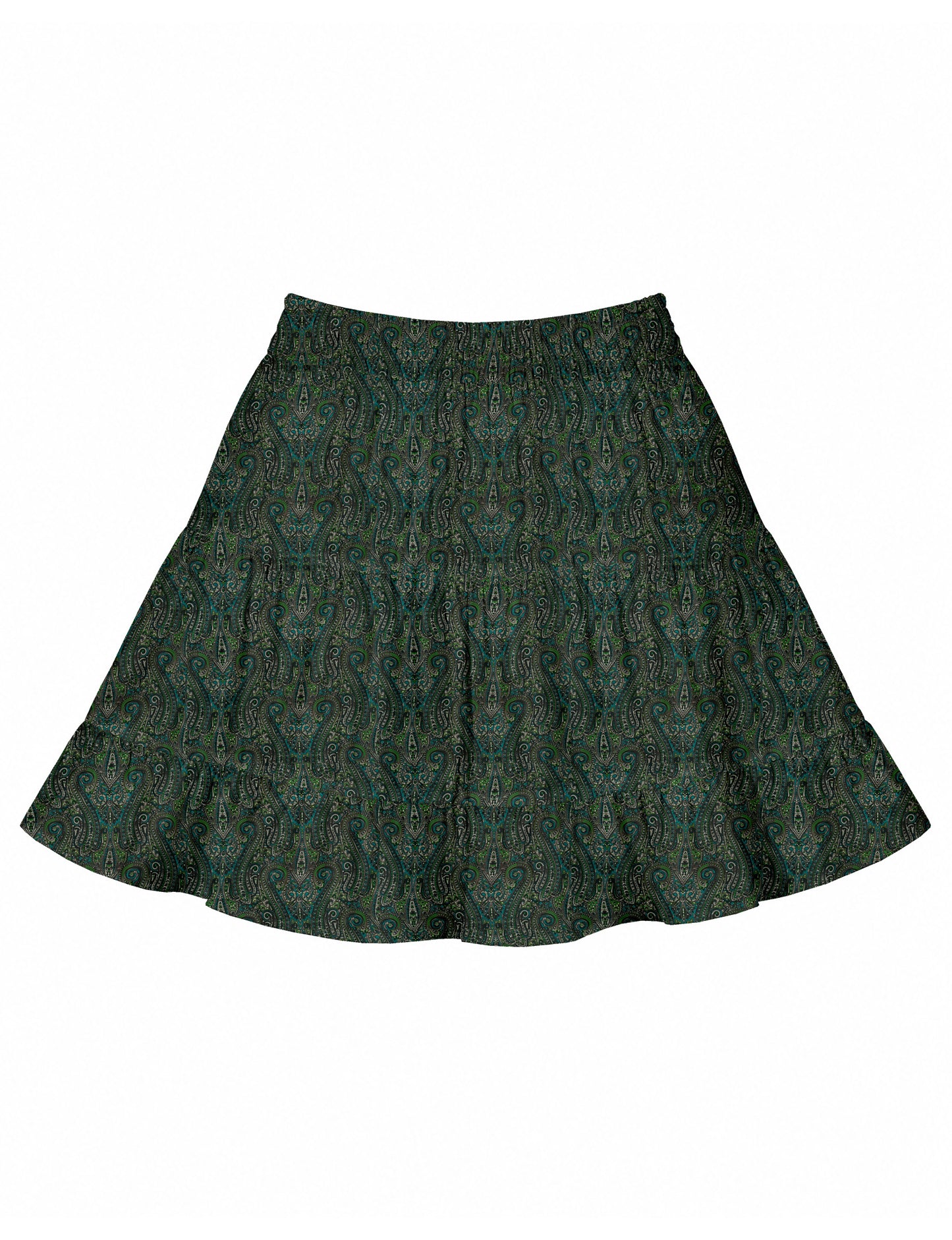 Short tiered skirt with a fitted waistband, knife pleats, softly flared silhouette, side seam pockets, and above-the-knee length.