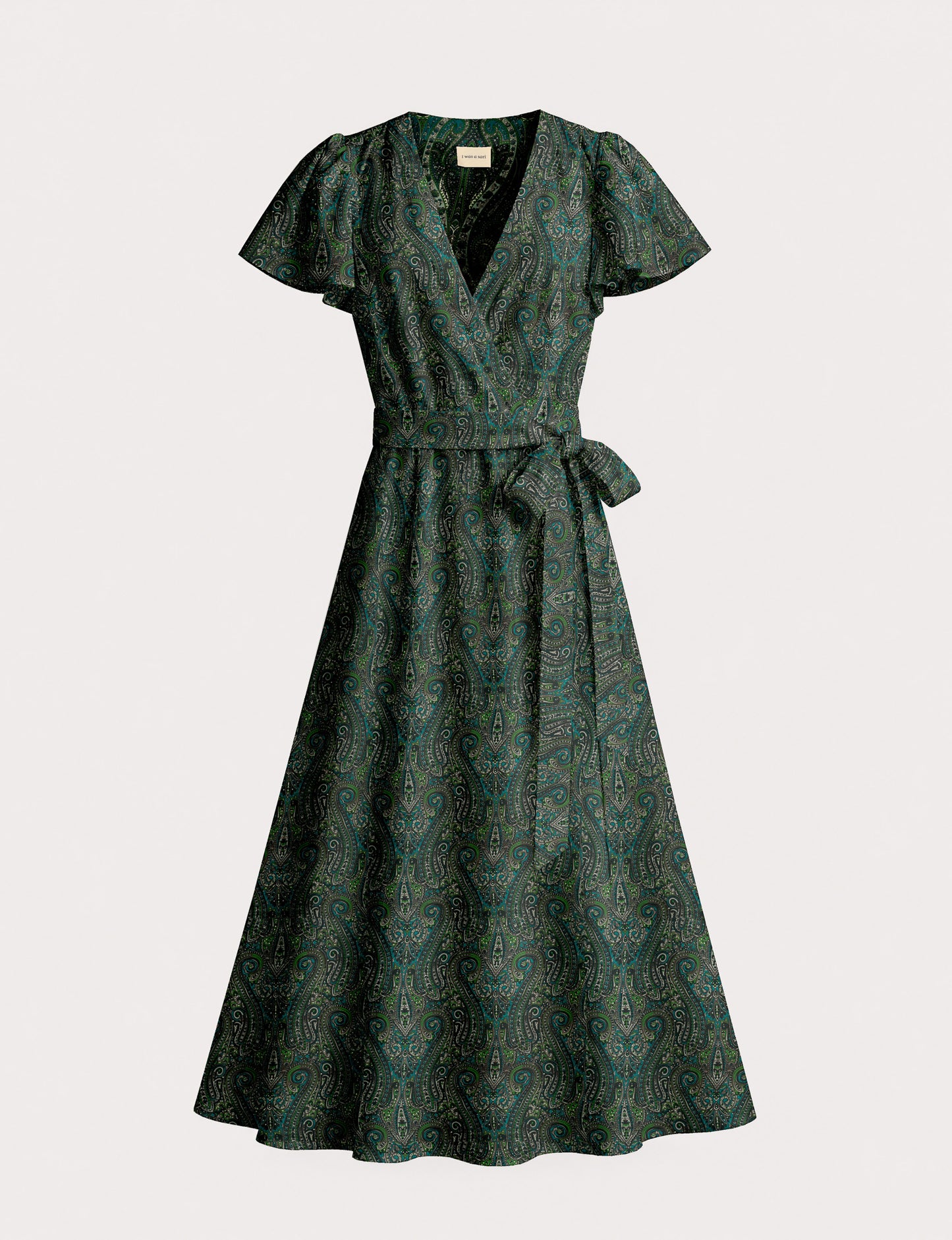 Elegant midi wrap dress with a V-neckline, adjustable waist tie, fitted bodice, and flared skirt for a timeless, flattering silhouette.