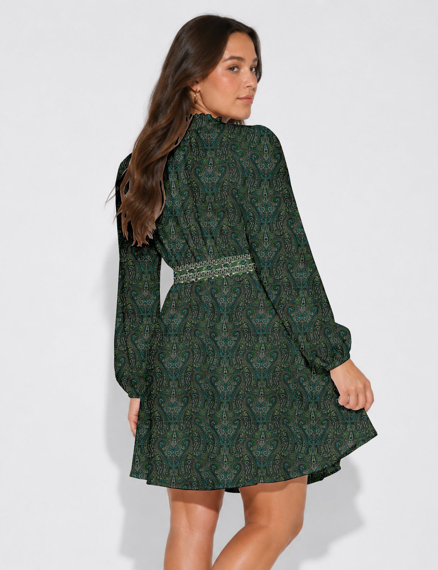 Swing dress with belt - Green Paisley