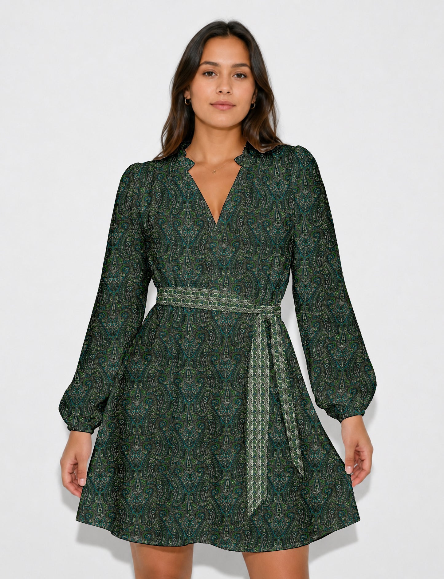 Swing dress with belt - Green Paisley