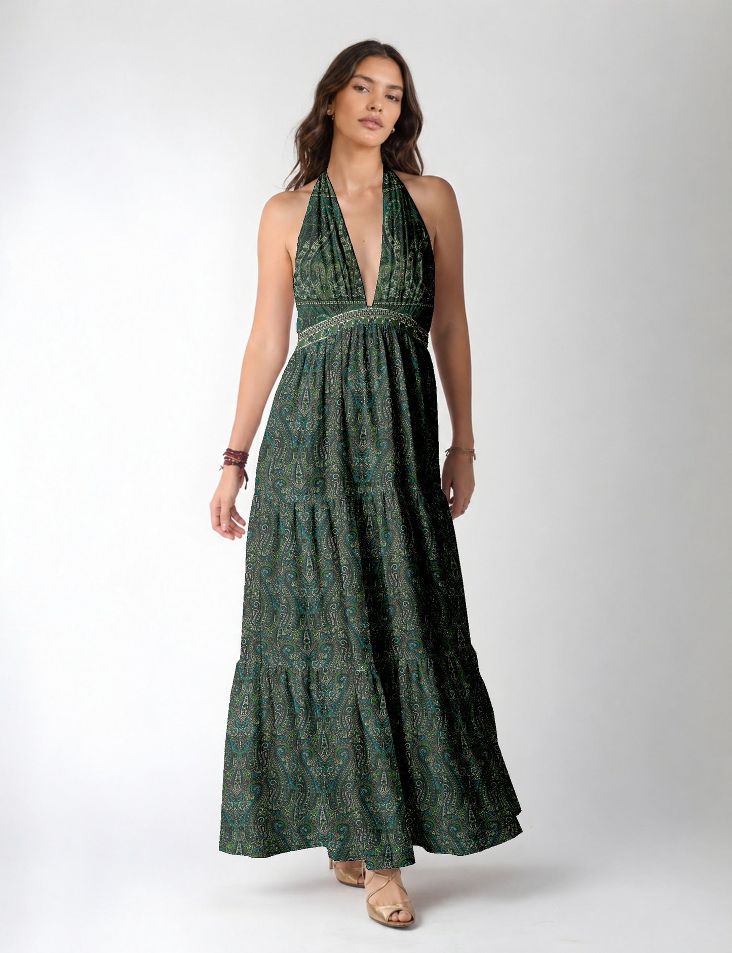Maxi tiered dress by I was a Sari with halter neckline and flowy silhouette