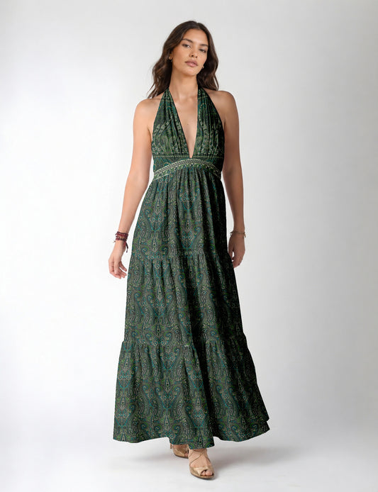 Maxi tiered dress by I was a Sari with halter neckline and flowy silhouette