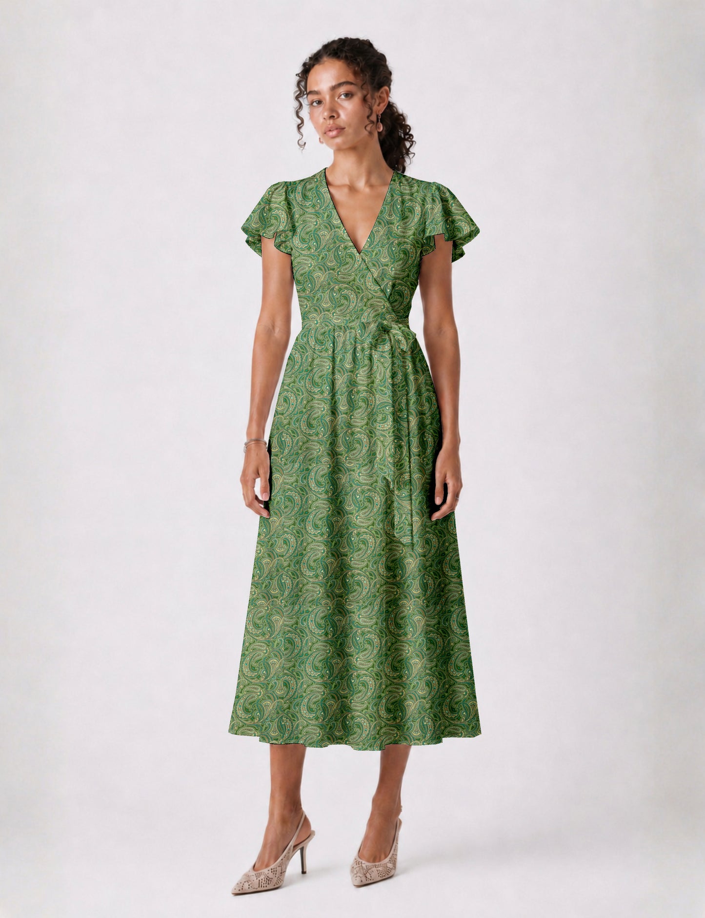 Elegant midi wrap dress with a V-neckline, adjustable waist tie, fitted bodice, and flared skirt for a timeless, flattering silhouette.