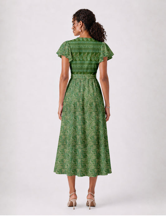 Elegant midi wrap dress with a V-neckline, adjustable waist tie, fitted bodice, and flared skirt for a timeless, flattering silhouette.