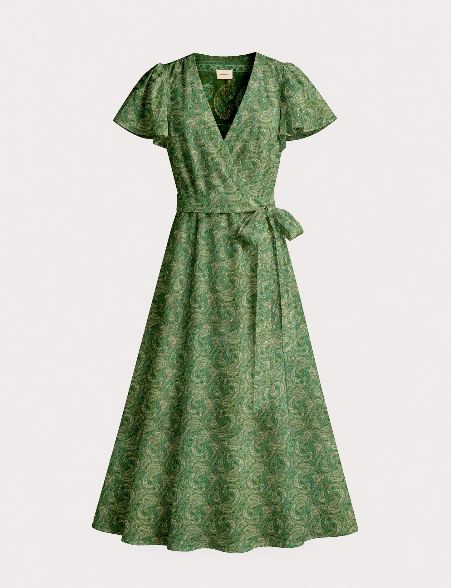 Elegant midi wrap dress with a V-neckline, adjustable waist tie, fitted bodice, and flared skirt for a timeless, flattering silhouette.