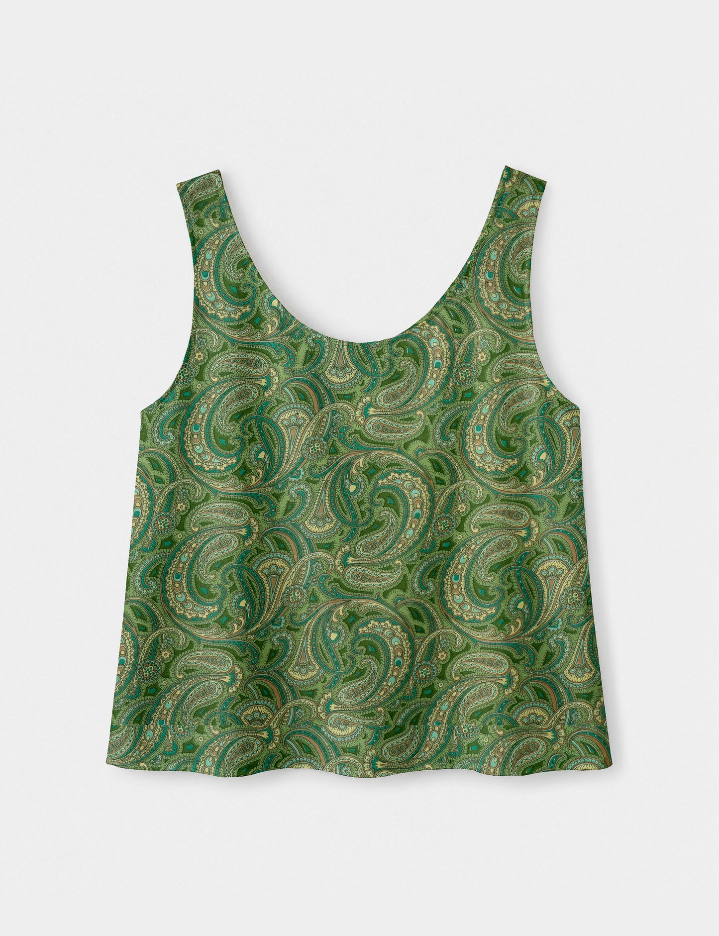 Women's sleeveless blouse with a relaxed straight fit, wide scoop neckline, deep scoop back, and hip-length silhouette.