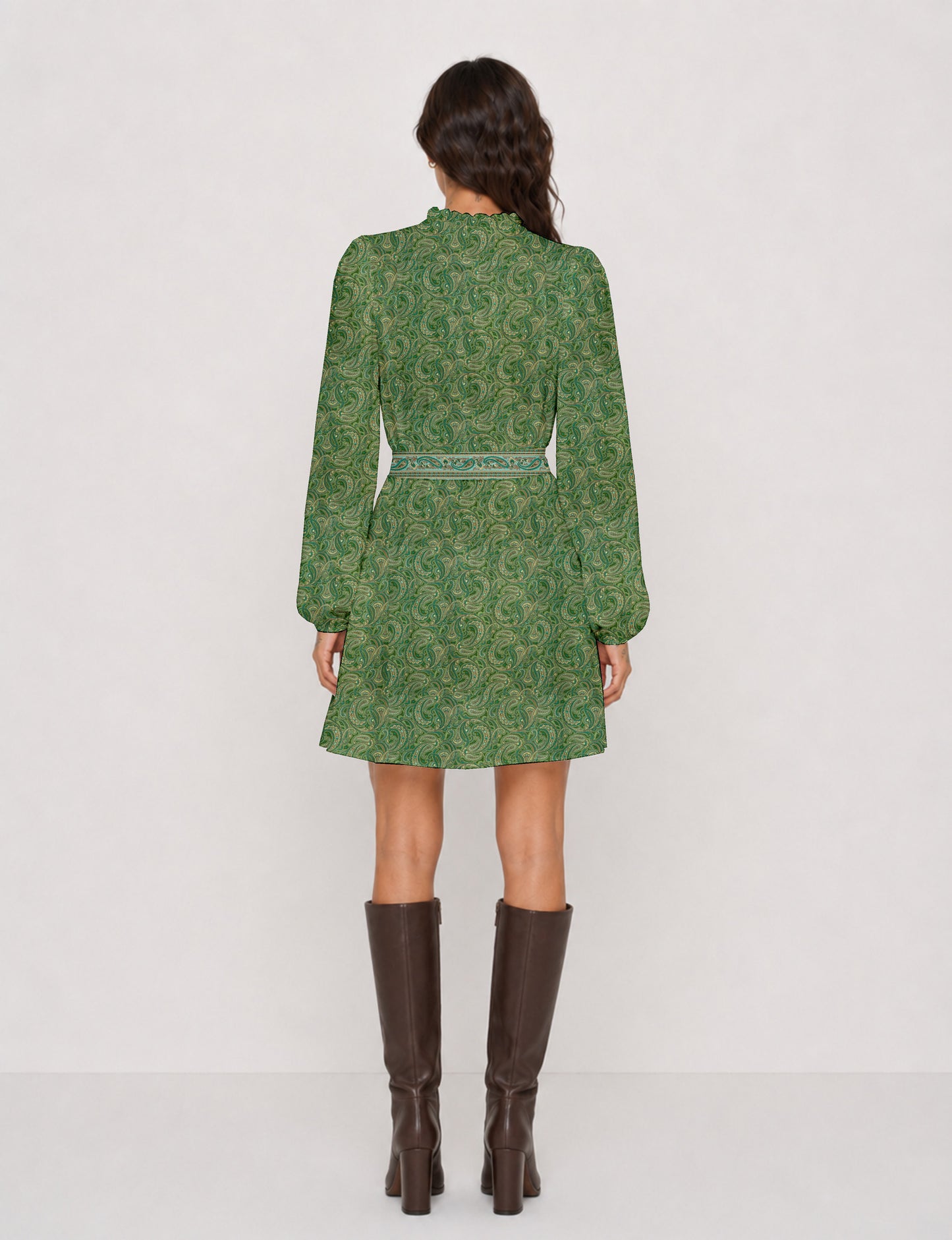 Swing dress with belt - Green Paisley