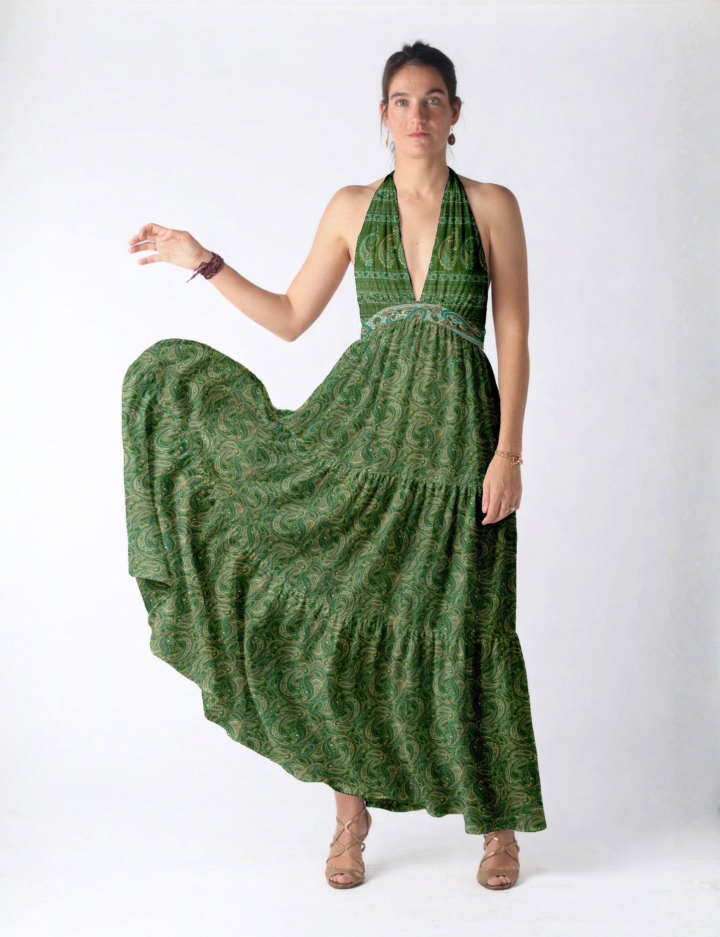 Maxi tiered dress by I was a Sari with halter neckline and flowy silhouette