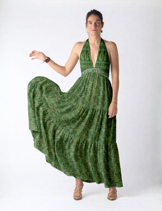 Maxi tiered dress by I was a Sari with halter neckline and flowy silhouette