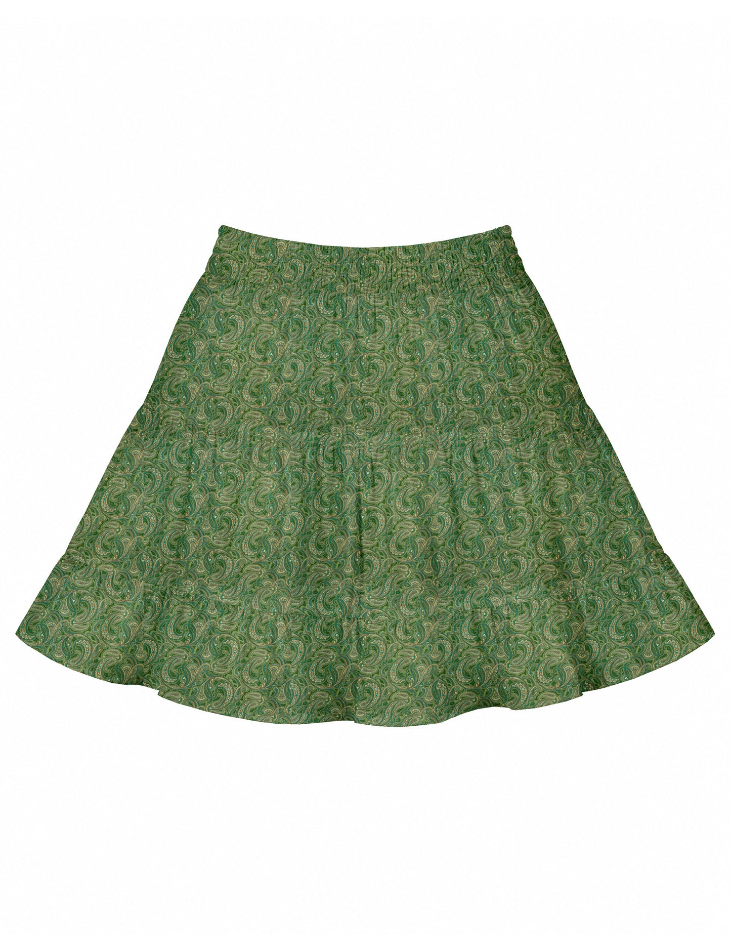 Short tiered skirt with a fitted waistband, knife pleats, softly flared silhouette, side seam pockets, and above-the-knee length.