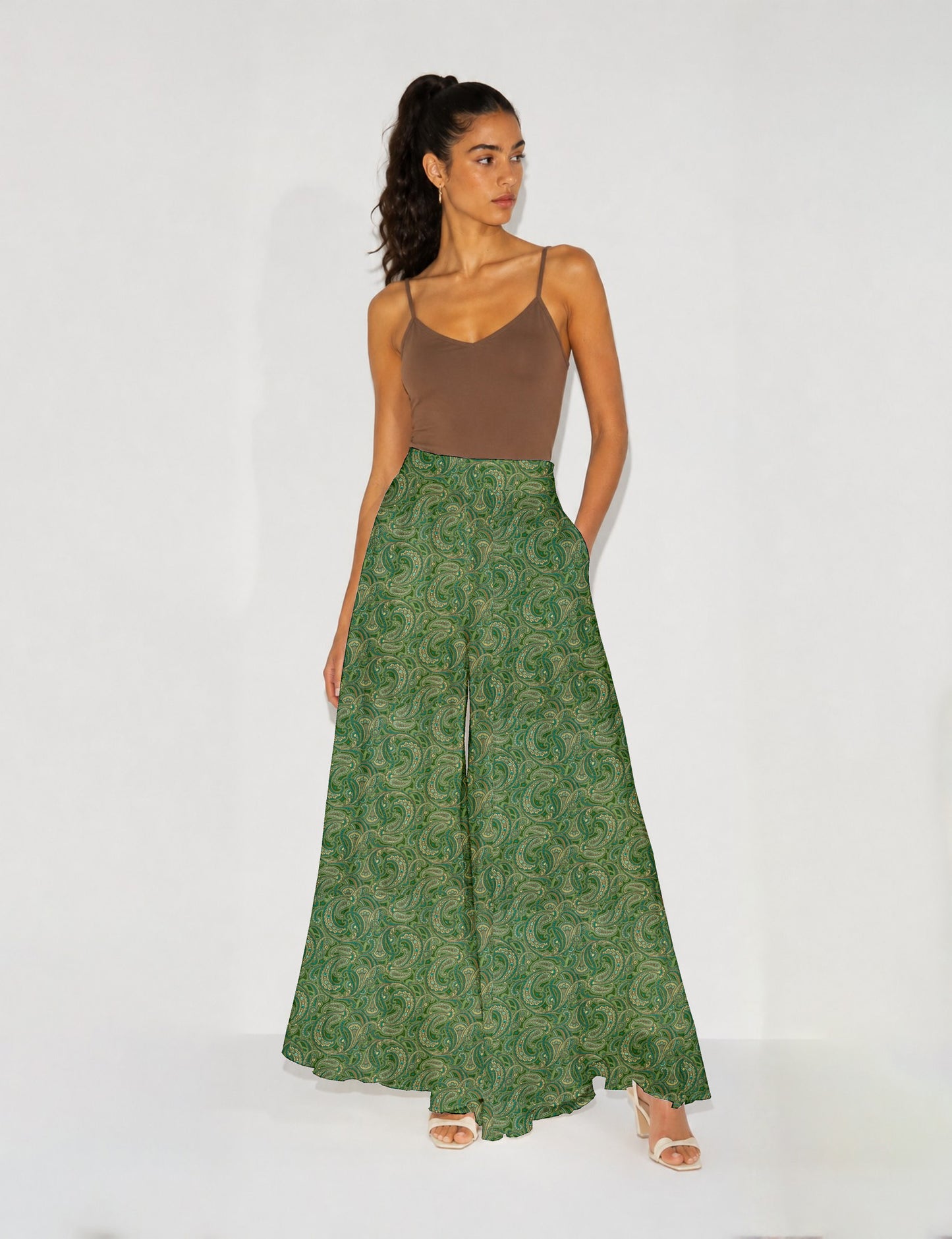 Wide Leg Palazzo Trousers - Green Paisley