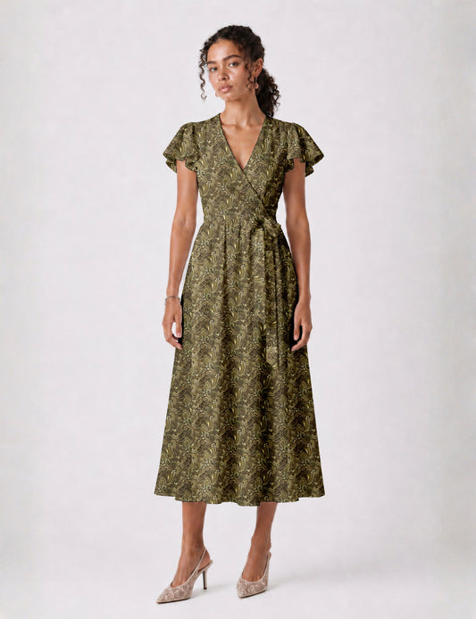 Elegant midi wrap dress with a V-neckline, adjustable waist tie, fitted bodice, and flared skirt for a timeless, flattering silhouette.