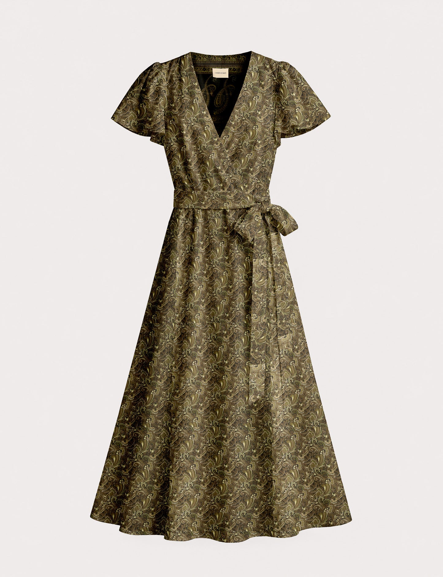 Elegant midi wrap dress with a V-neckline, adjustable waist tie, fitted bodice, and flared skirt for a timeless, flattering silhouette.
