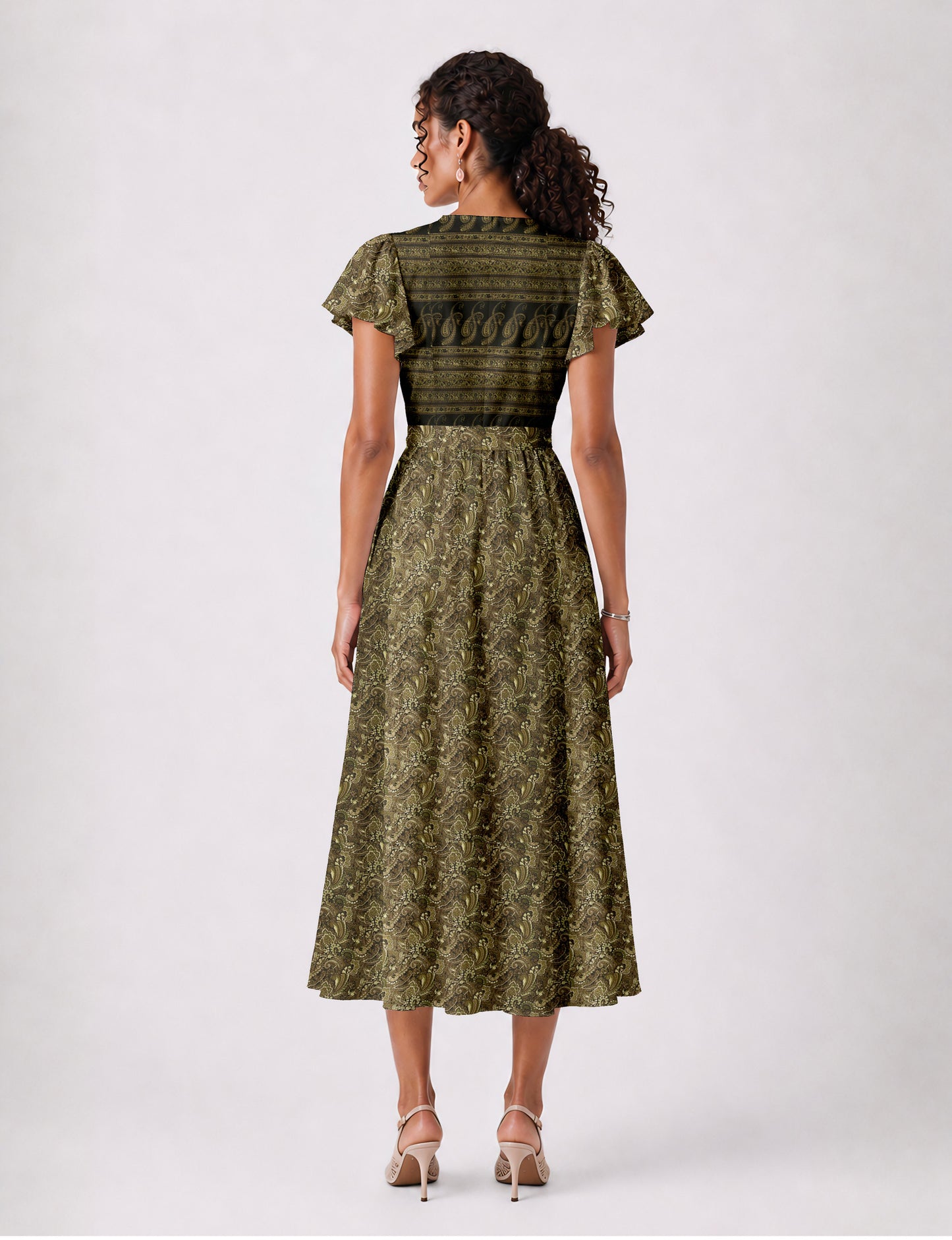 Elegant midi wrap dress with a V-neckline, adjustable waist tie, fitted bodice, and flared skirt for a timeless, flattering silhouette.