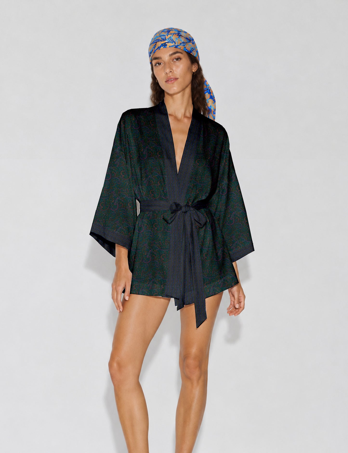 Short kimono robe - Green Paisley