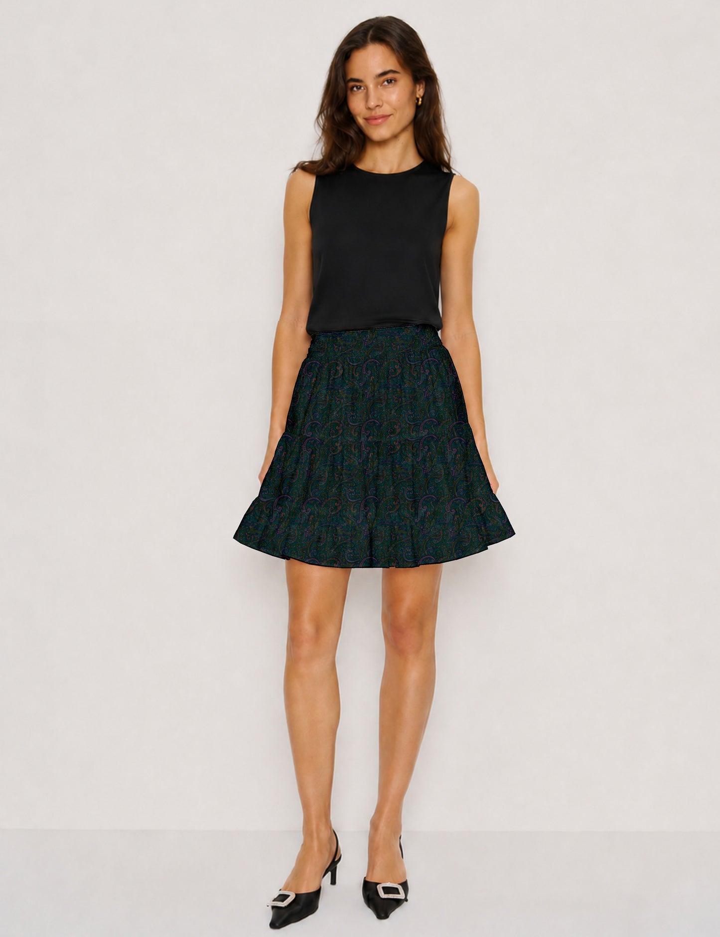 Short tiered skirt - Green Paisley