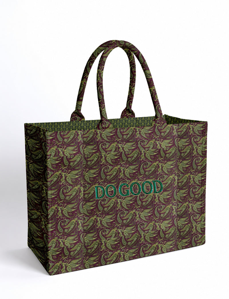 Structured DO GOOD work tote bag featuring embroidered appliqué lettering on the front, double padded shoulder handles and an internal zippered pocket.