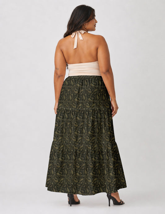 Midi Tiered Skirt - Green Paisley