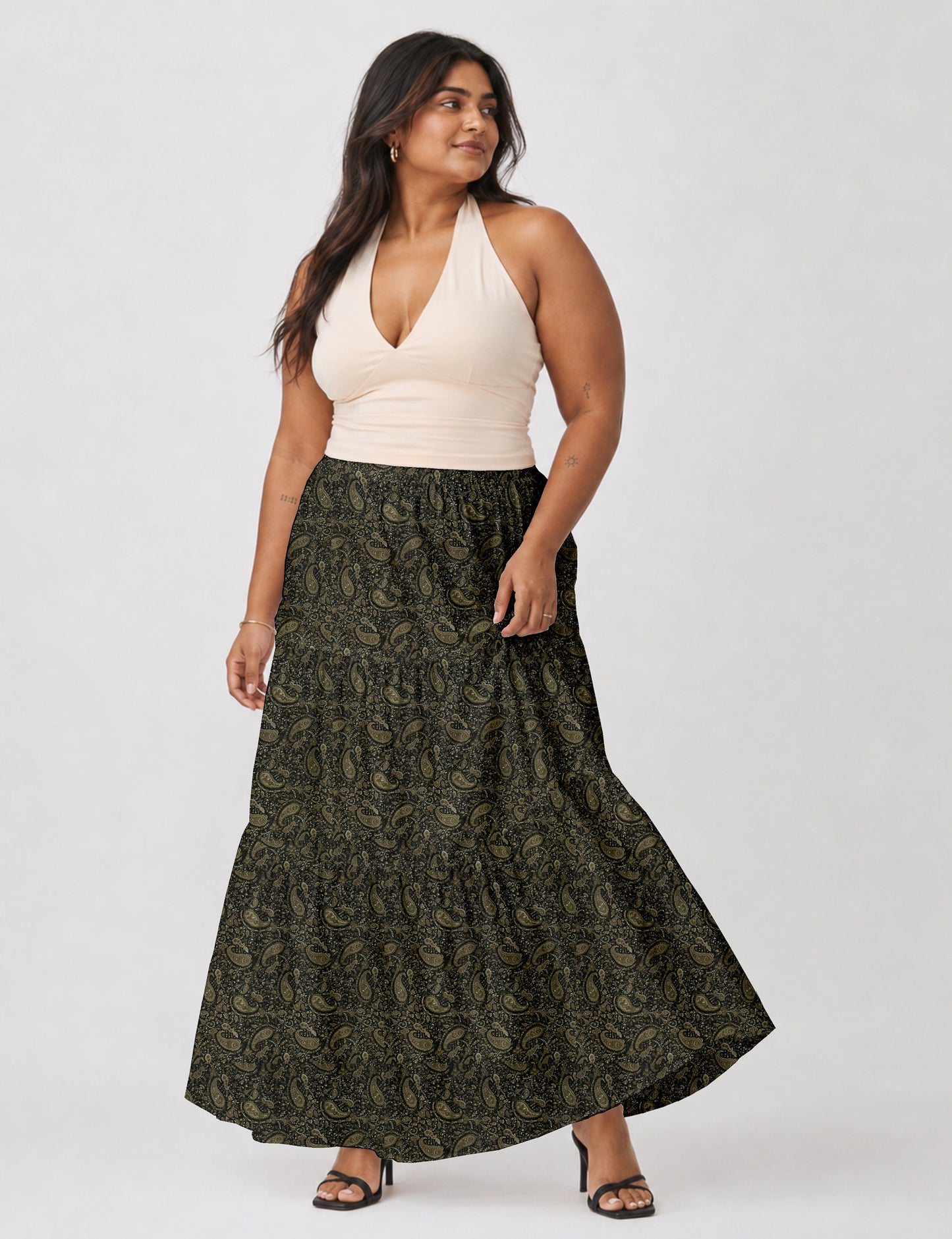 Midi Tiered Skirt - Green Paisley