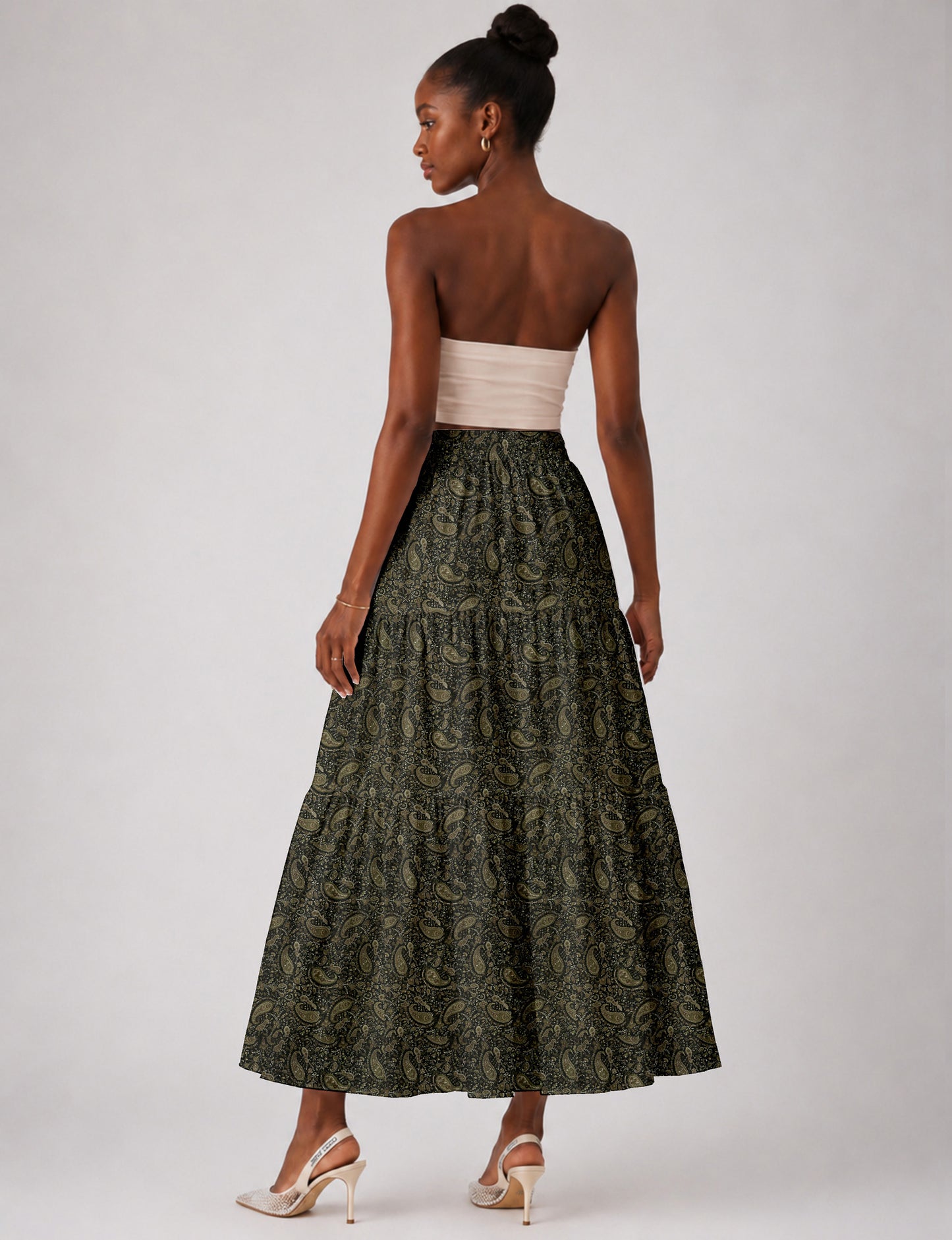 Midi Tiered Skirt - Green Paisley